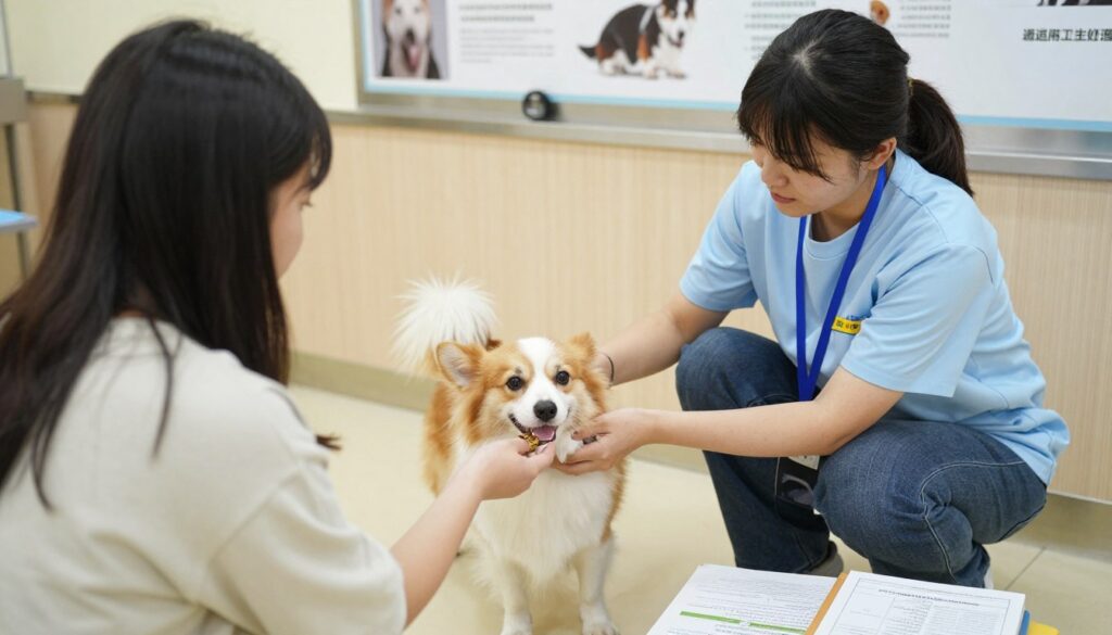 A pet rescue volunteer teaching a new adopter how to care for their newly adopted pet