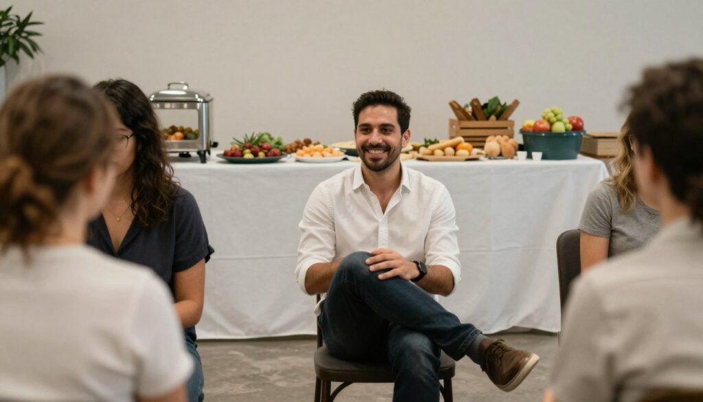 A relaxed host enjoying their own party while guests serve themselves at a self-serve food station