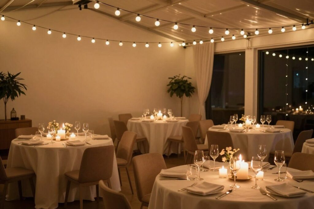 A simple party setup with string lights and candles creating ambiance A simple party setup with string lights and candles creating ambiance