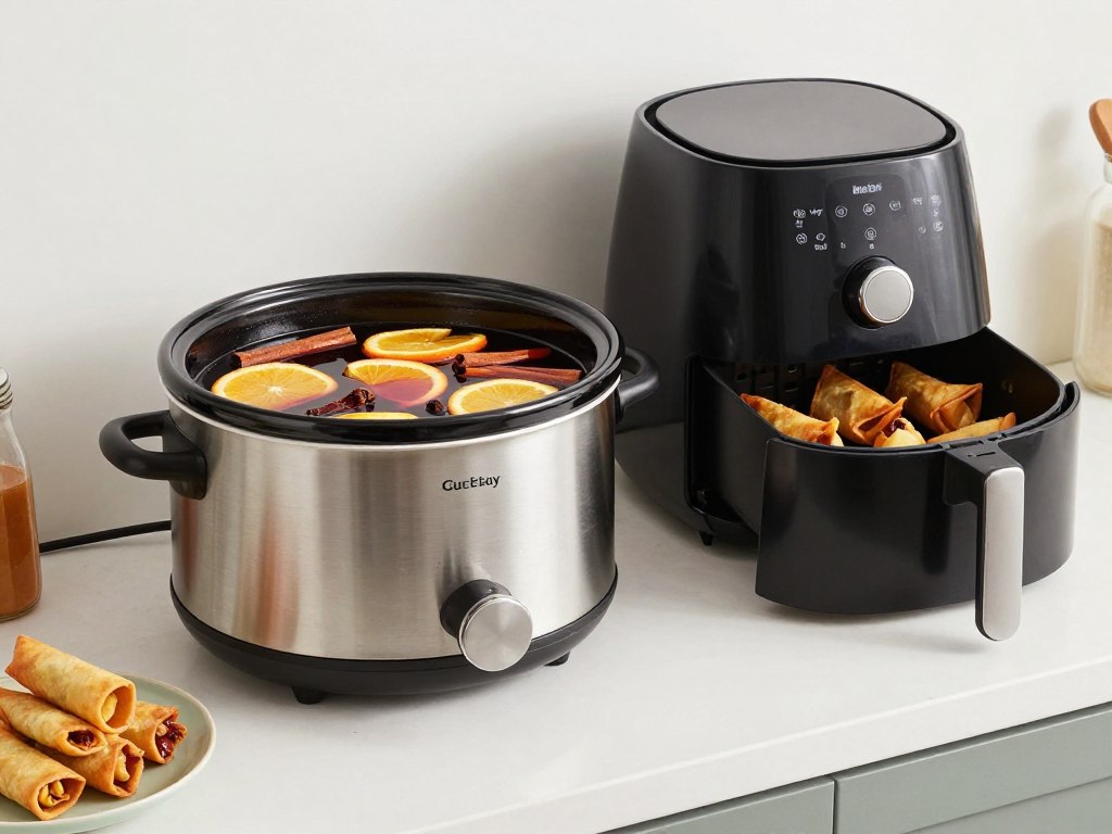 A slow cooker with mulled wine and an air fryer with appetizers for hosting without cooking