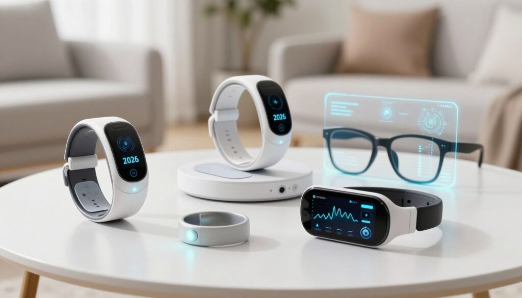 Advanced AI-powered health monitoring wearable devices from 2026 showing sleek designs and holographic health data displays