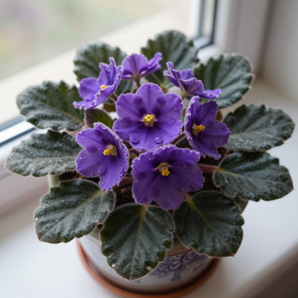 African Violet with purple flowers and fuzzy green leaves