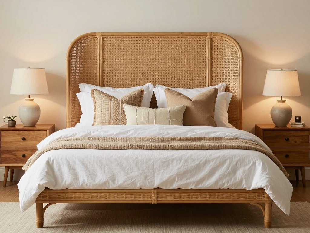 Anthropologie inspired bedroom featuring a cane bed with layered bedding