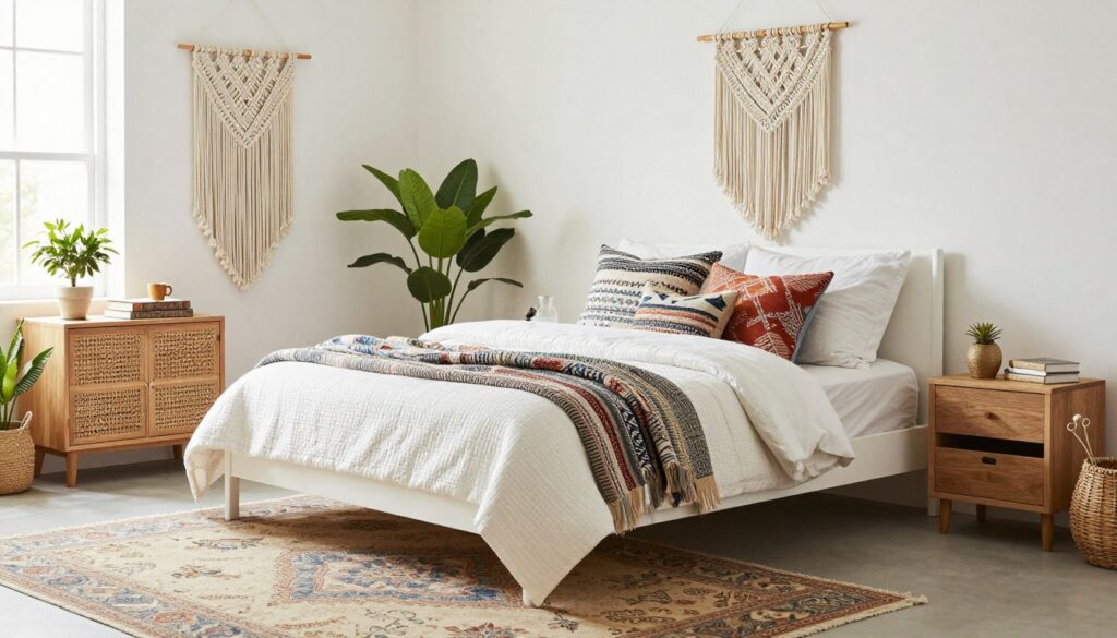 Anthropologie inspired bedroom with layered textiles, vintage furniture, and global accents