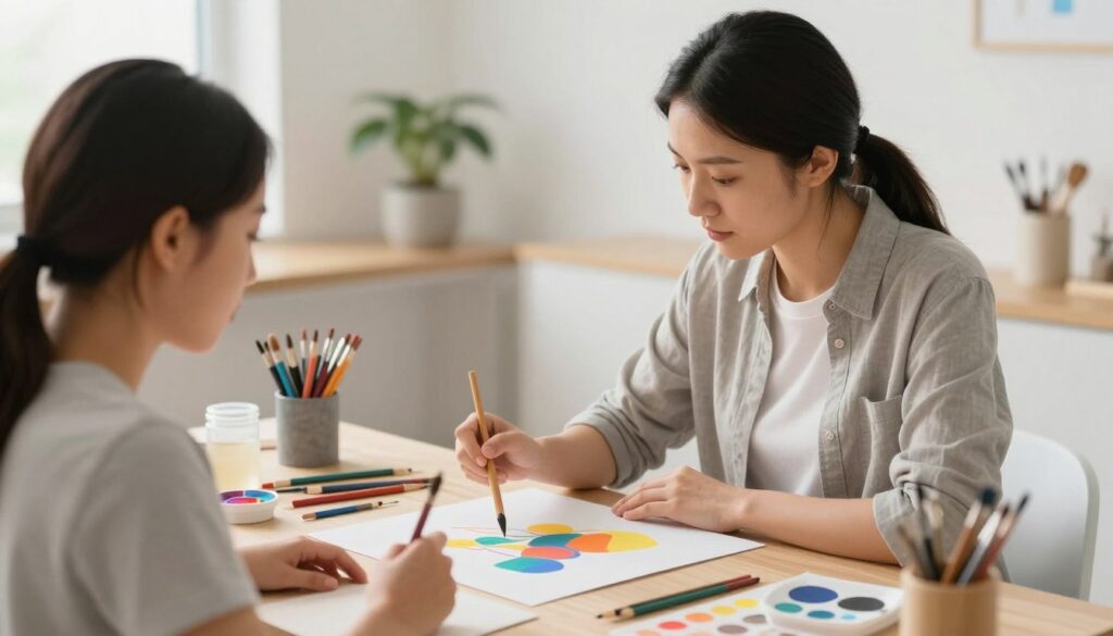 Art therapist working with a client using painting materials in a therapy session