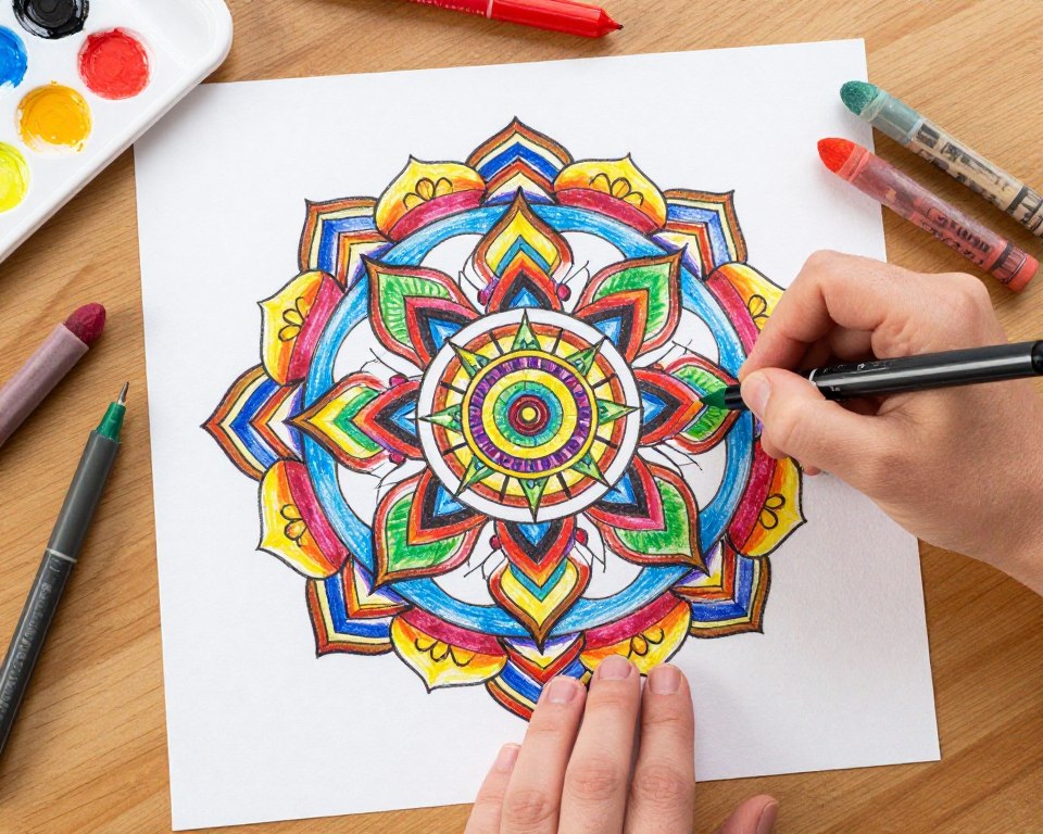 Art therapy mandala creation showing circular patterns with vibrant colors Art therapy mandala creation showing circular patterns with vibrant colors