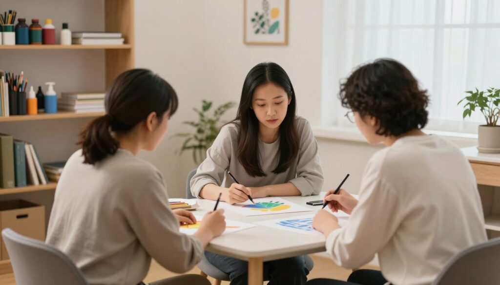 Art therapy session showing therapist and client discussing artwork in a comfortable setting Art therapy session showing therapist and client discussing artwork in a comfortable setting