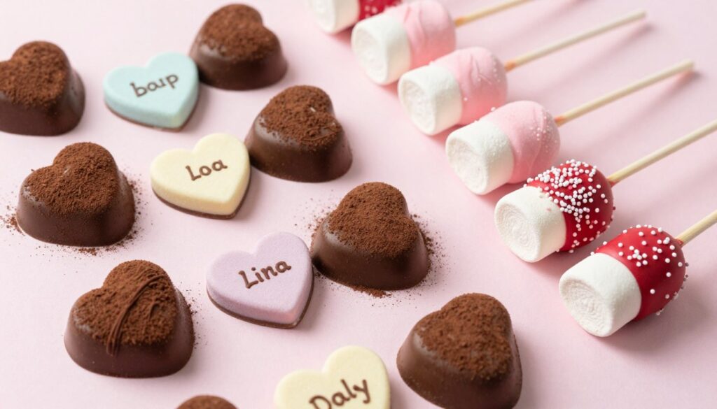 Assortment of homemade Valentine's Day candy projects including heart-shaped chocolate truffles, conversation hearts, and marshmallow pops arranged on a pink background