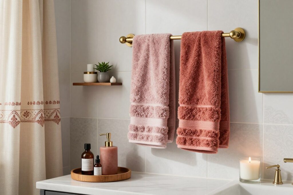 Bathroom with Anthropologie home decorating aesthetic featuring luxurious towels and decorative accessories Bathroom with Anthropologie home decorating aesthetic featuring luxurious towels and decorative accessories