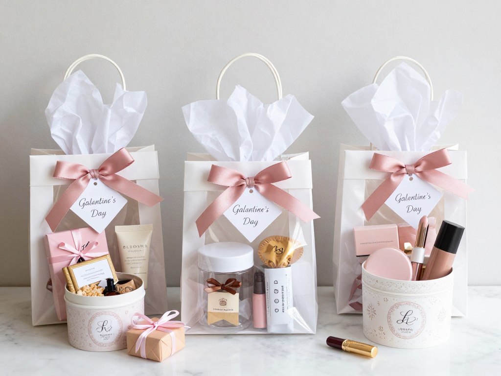 Beautifully arranged Galentine's Day swag bags with personalized items Beautifully arranged Galentine's Day swag bags with personalized items