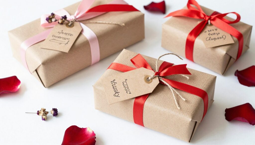 Beautifully wrapped Valentine's DIY gifts with handmade tags and decorations