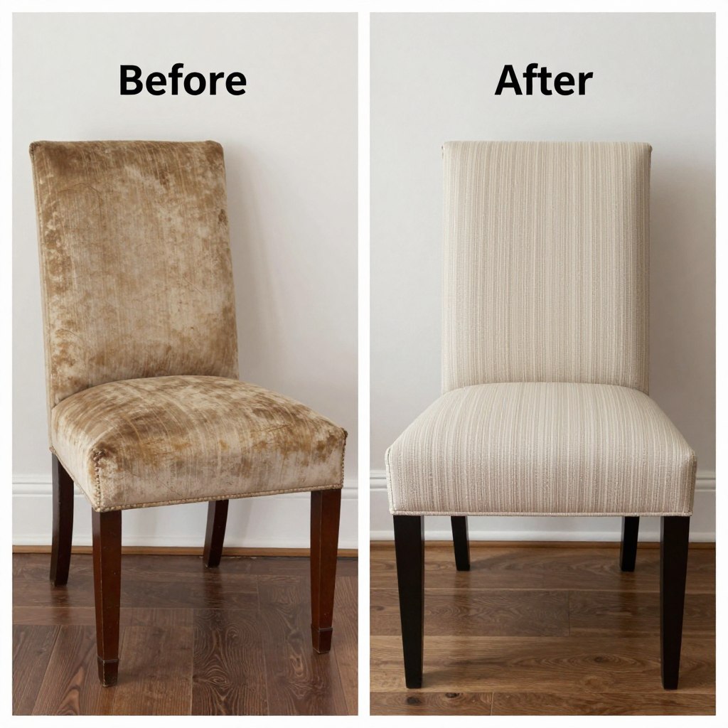 Before and after of a thrifted chair transformed with new upholstery Before and after of a thrifted chair transformed with new upholstery