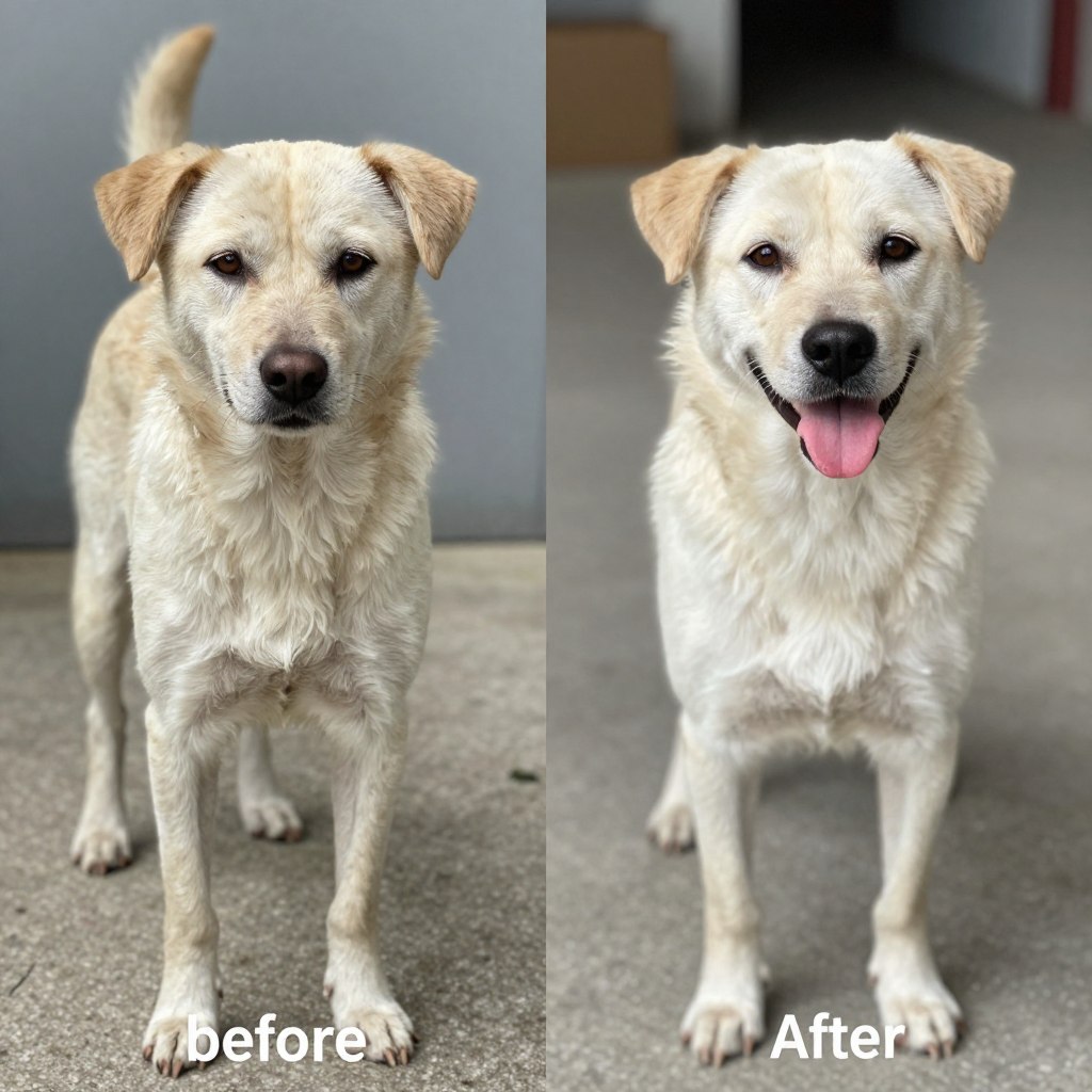 Before and after photos of a rescued dog showing its transformation after pet rescue
