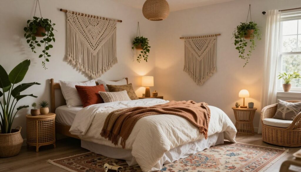 Bohemian bedroom with canopy, layered bedding, and plants