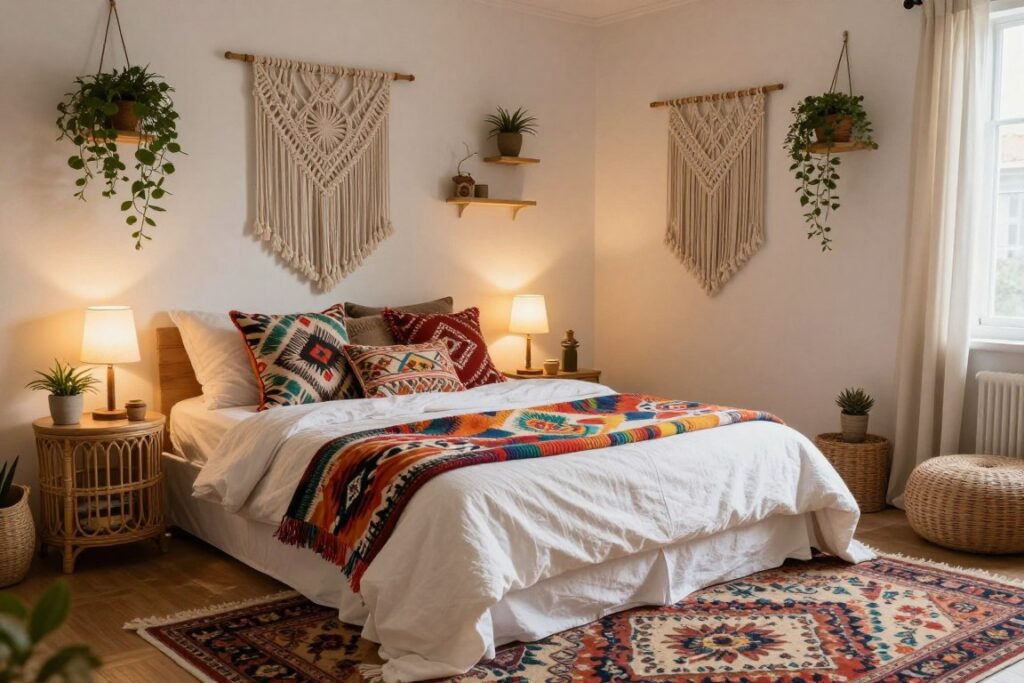 Bohemian bedroom with layered textiles, plants, and natural materials