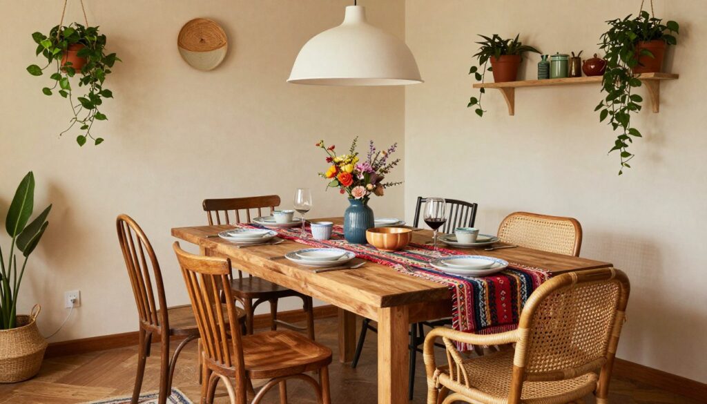 Bohemian dining space with mixed chairs and hanging plants