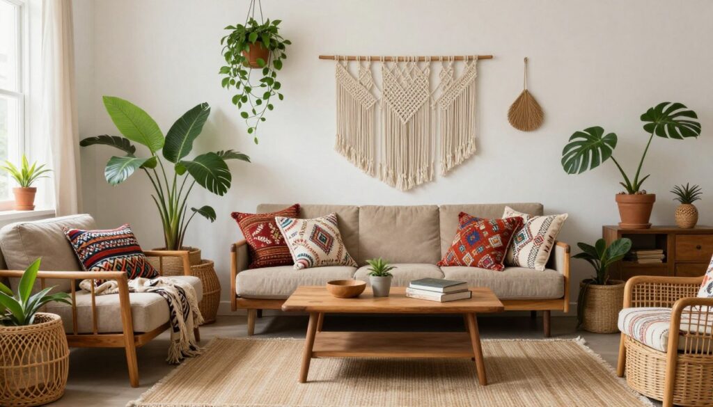 Bohemian living room with layered textiles, plants, and eclectic furniture