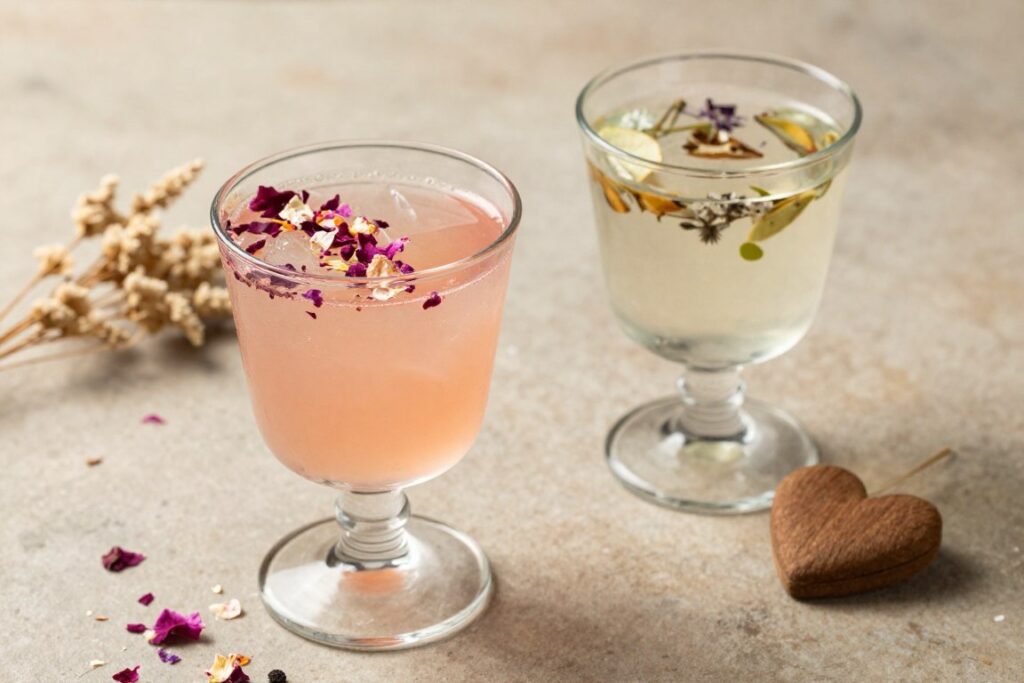 Boho Valentine's Day drinks with floral and herbal elements in unique glassware