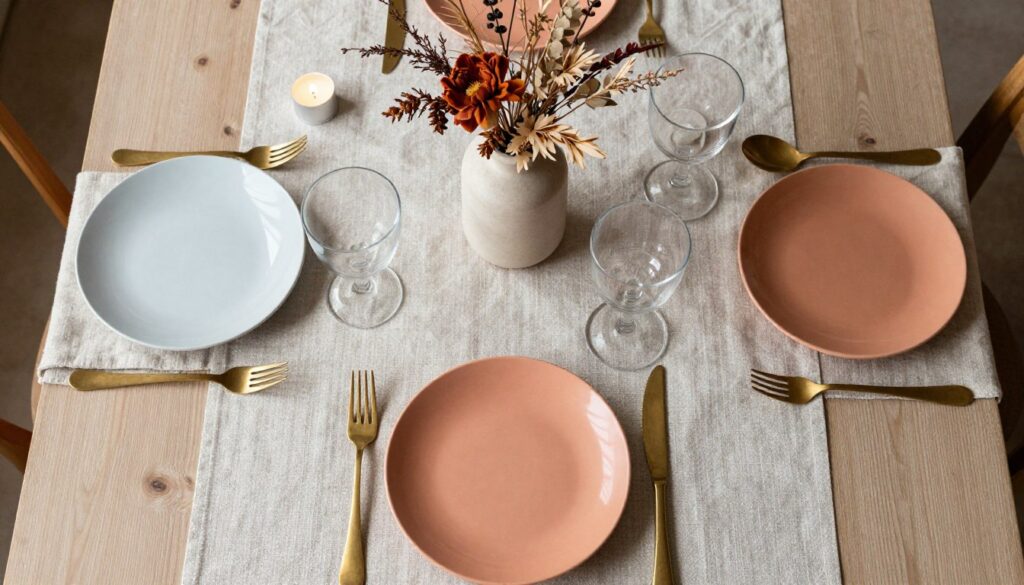 Boho Valentine's Day tablescape with mismatched vintage plates, linen napkins, and natural centerpiece