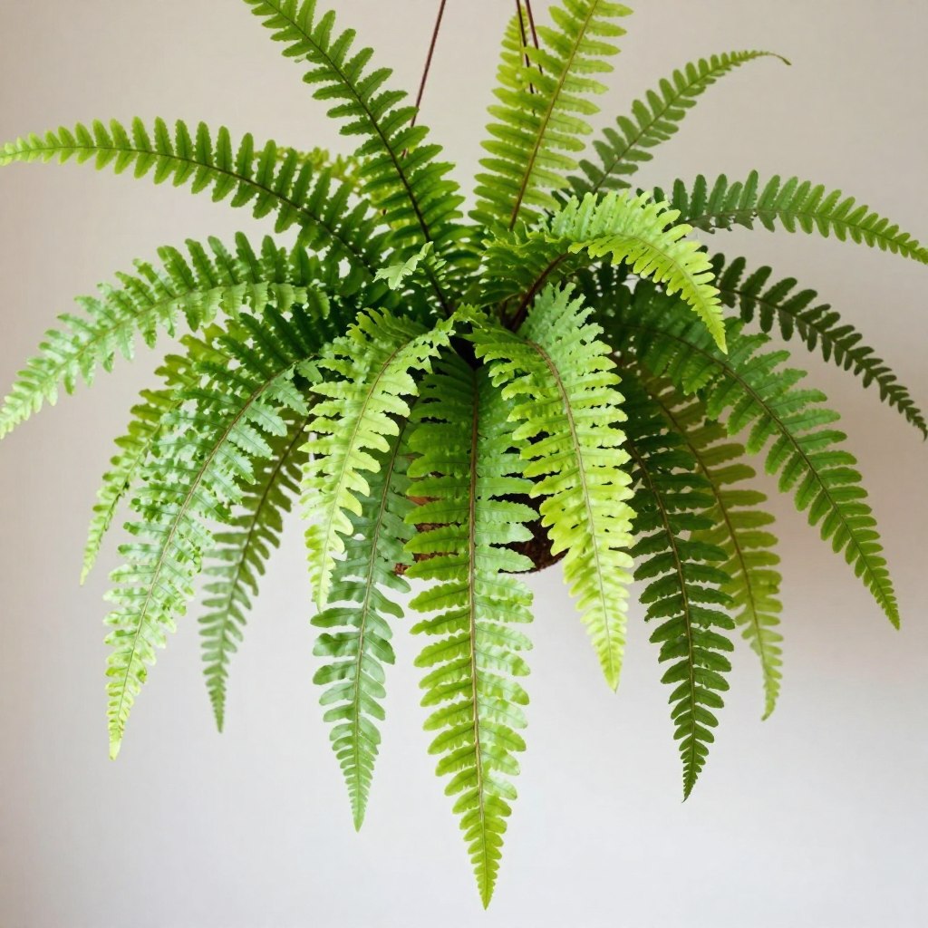 Boston Fern with lush, feathery fronds in a hanging basket