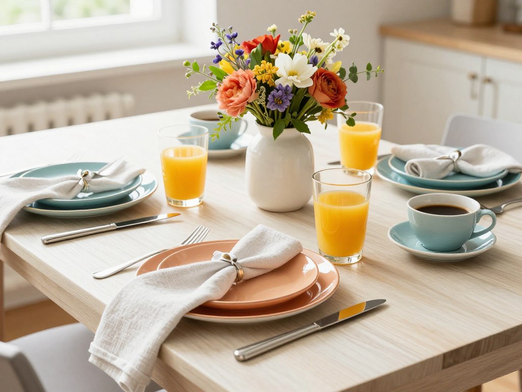Bright and colorful brunch table setting with seasonal flowers and special touches