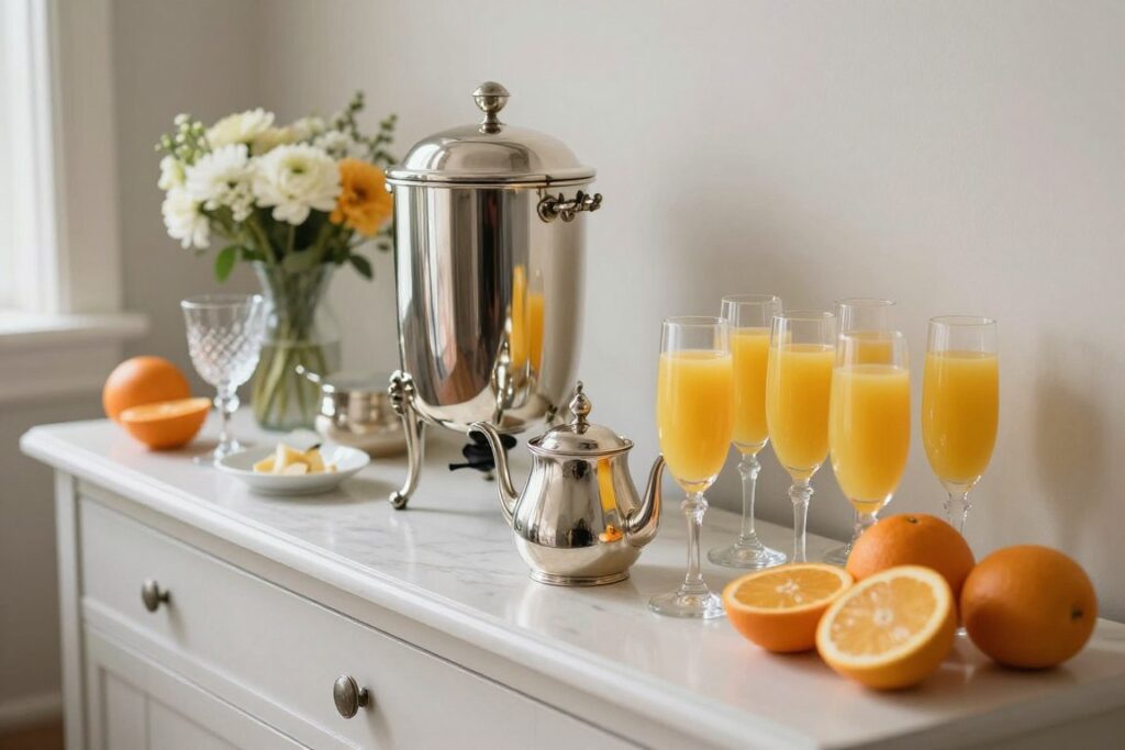 Brunch beverage station with coffee, tea, and mimosa options