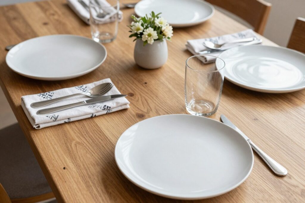 Casual table setting with mixed patterns and textures showing a cohesive color scheme