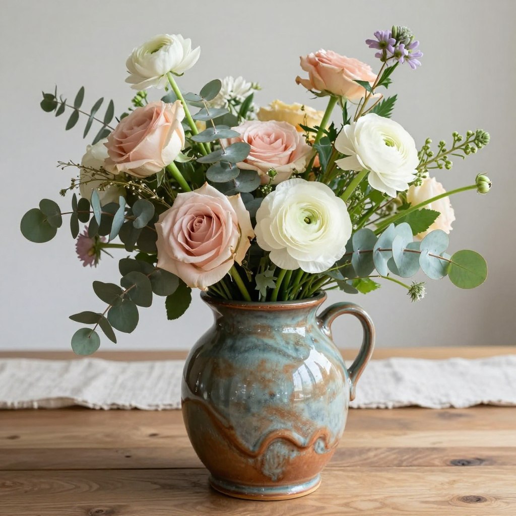 Centerpiece vase with fresh flowers in Anthropologie home decorating aesthetic style Centerpiece vase with fresh flowers in Anthropologie home decorating aesthetic style