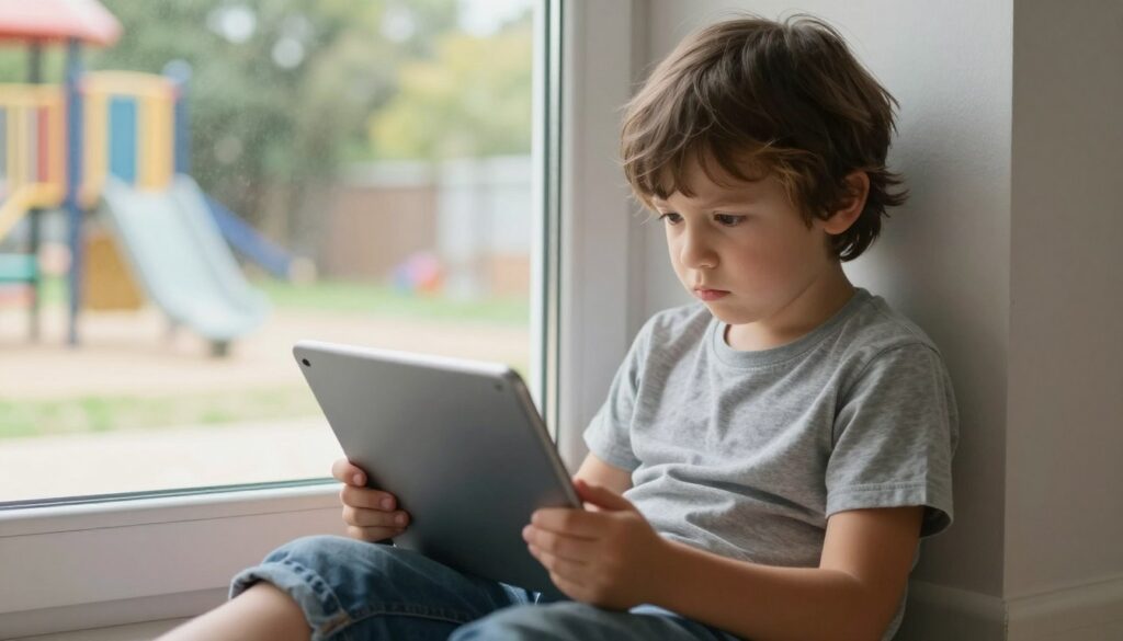 Child looking at tablet instead of playing outdoors