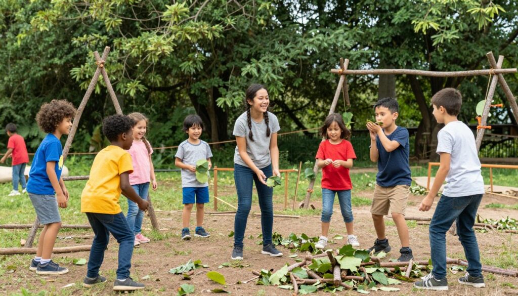 Children engaged in free play outdoors, building with natural materials