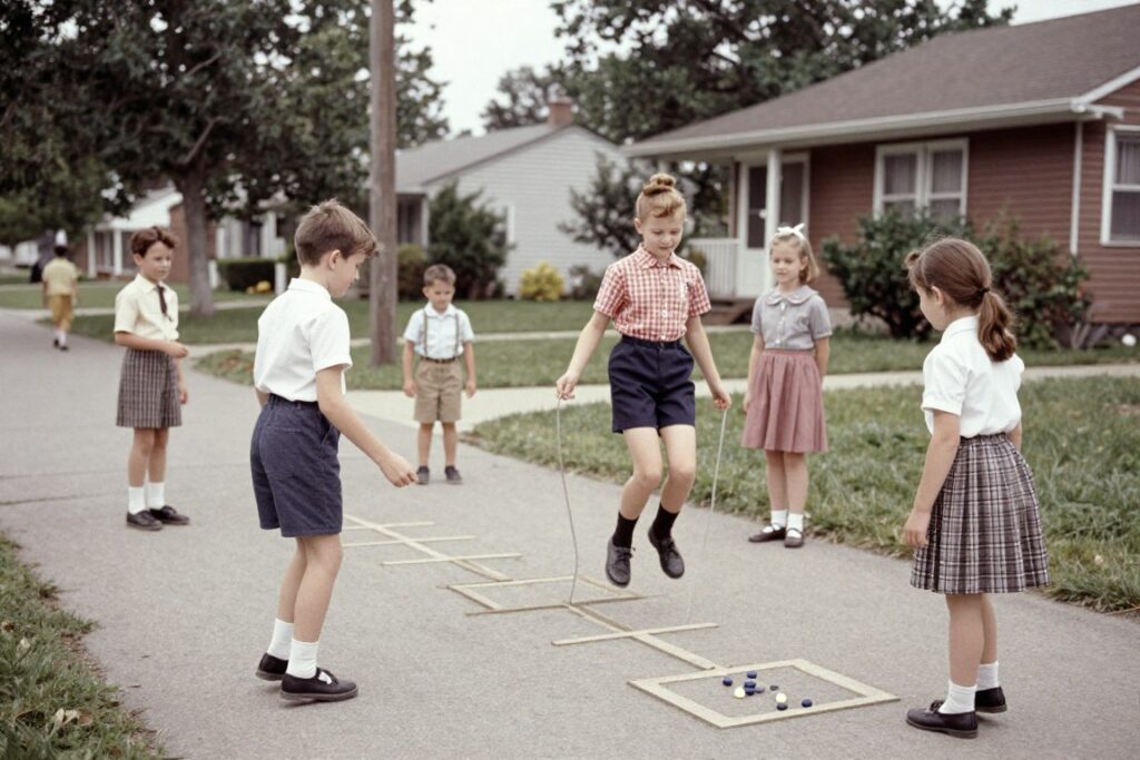 Children playing outdoors in a vintage setting
