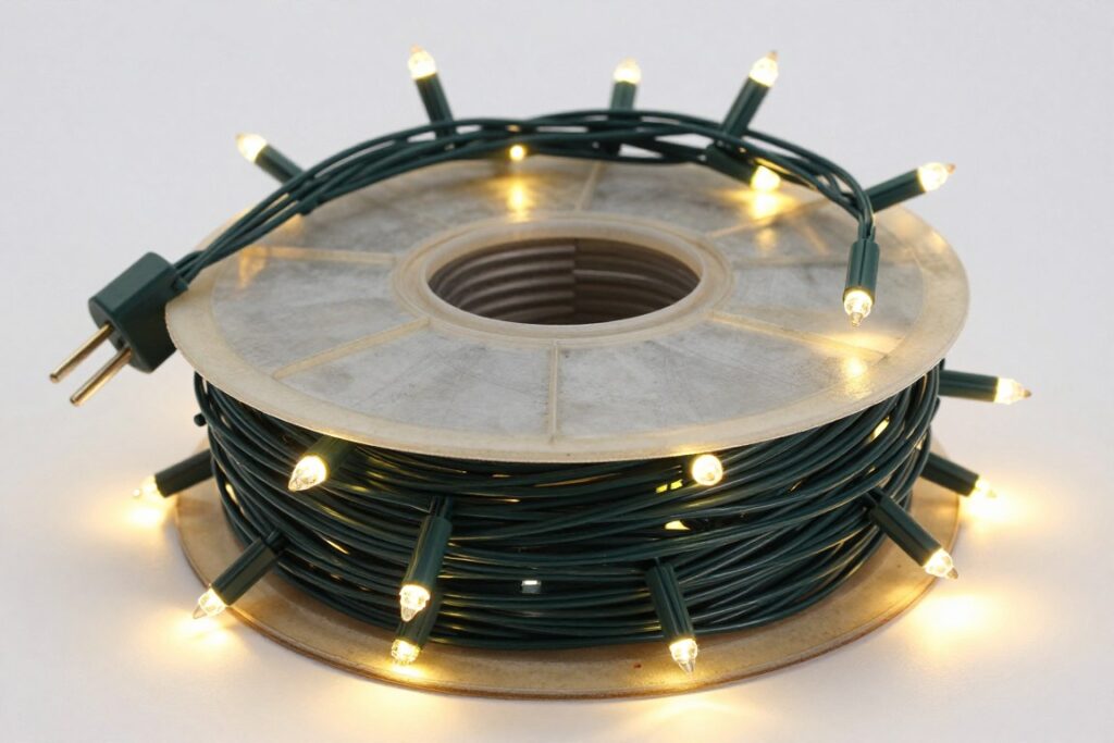 Christmas lights properly wrapped around a storage reel to prevent tangling