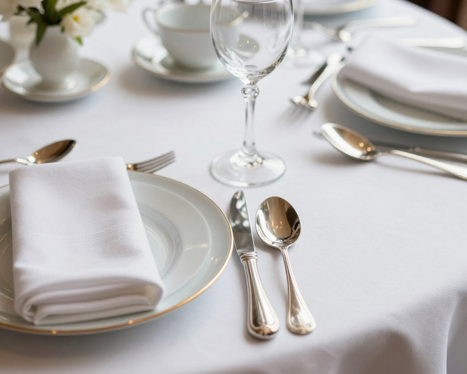 Close-up of formal place setting showing proper arrangement of multiple forks, knives, and spoons