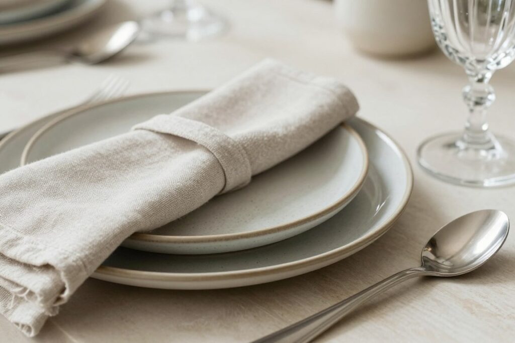Close-up of table setting showing layered textures including linen, ceramic, metal, and glass