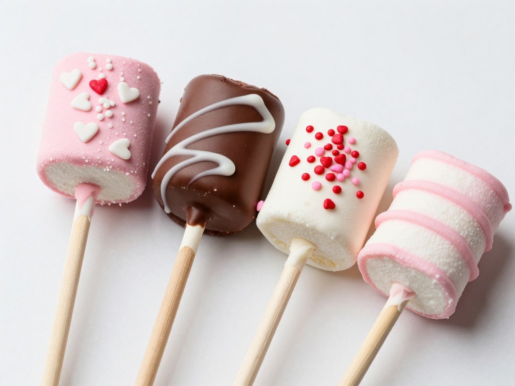 Close-up of various decorated Valentine's Day marshmallow pops showing different dipping techniques and decorations