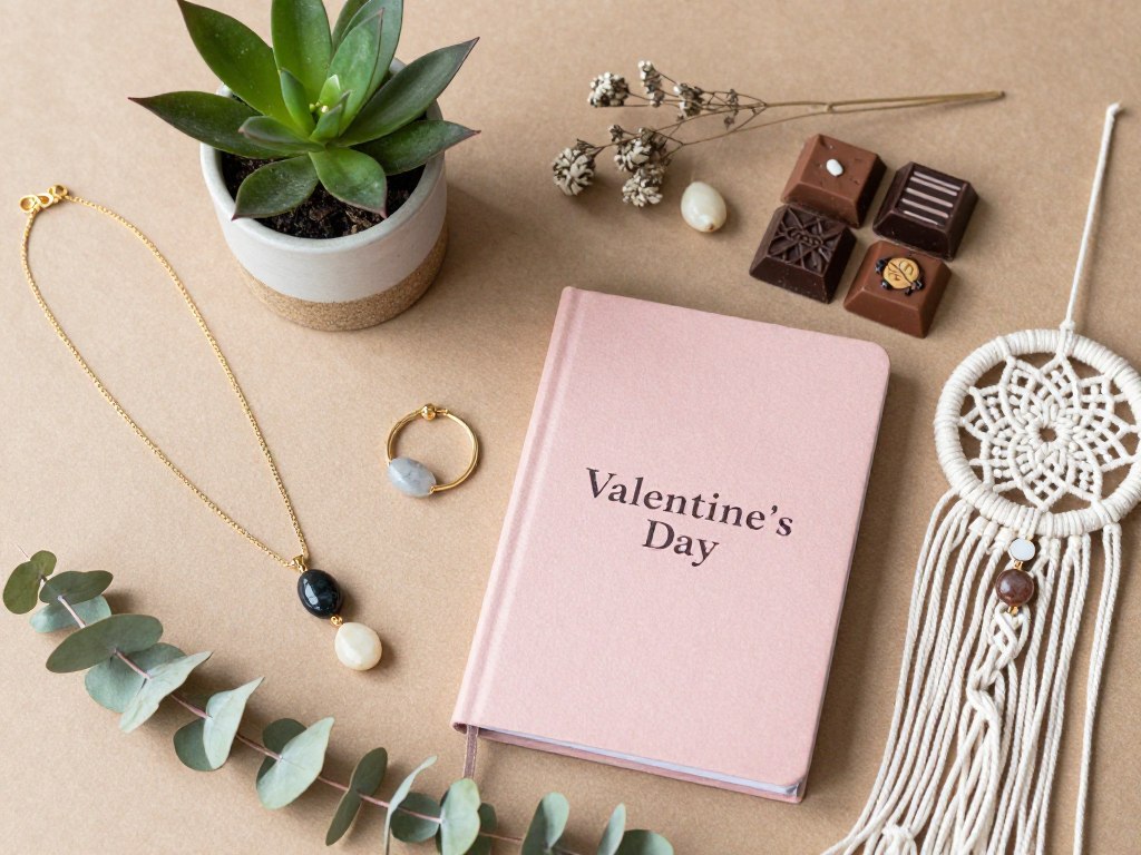 Collection of boho Valentine's Day gifts including handmade jewelry, plants, and artisan items