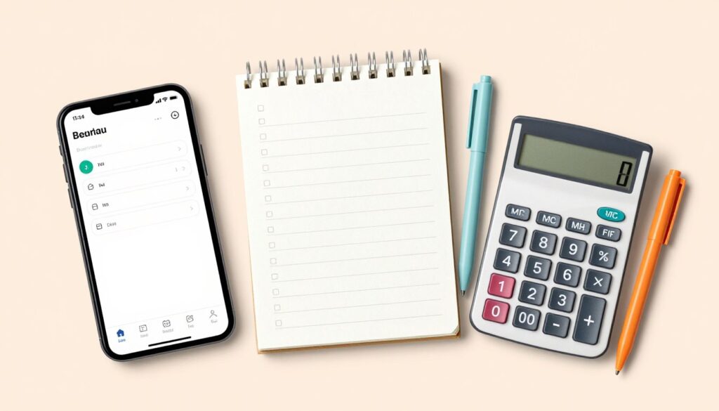 Collection of gentle financial tools including a simple budget app, notebook, and calculator on a soft background