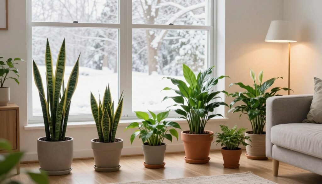 Collection of low-light houseplants for winter arranged in a bright living room