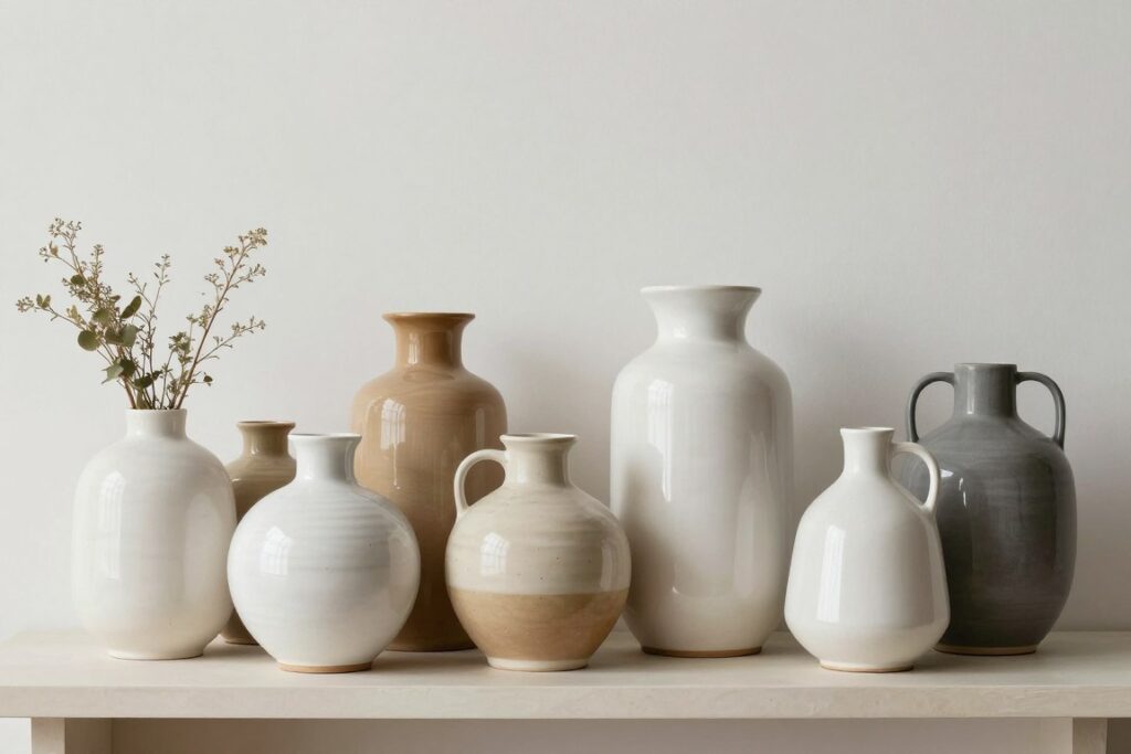 Collection of thrifted ceramic vessels and stoneware in neutral tones Collection of thrifted ceramic vessels and stoneware in neutral tones
