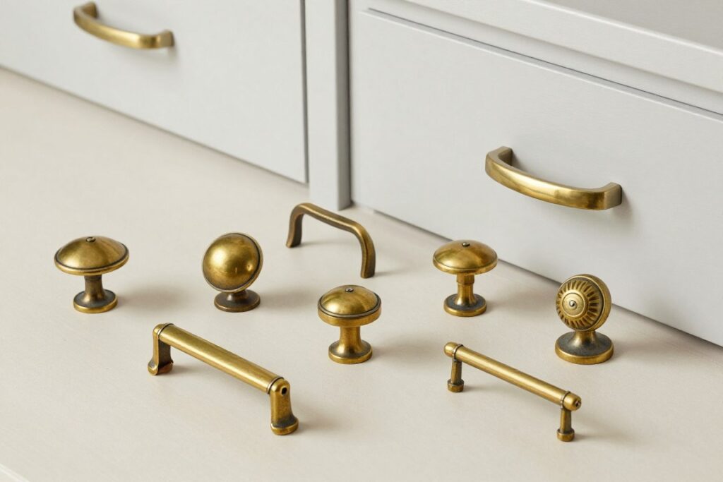 Collection of vintage brass cabinet hardware ready for installation Collection of vintage brass cabinet hardware ready for installation