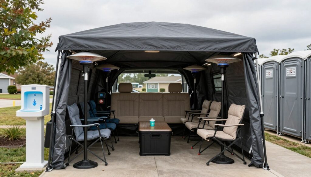 Comfortable tailgate seating area with weather protection and amenities