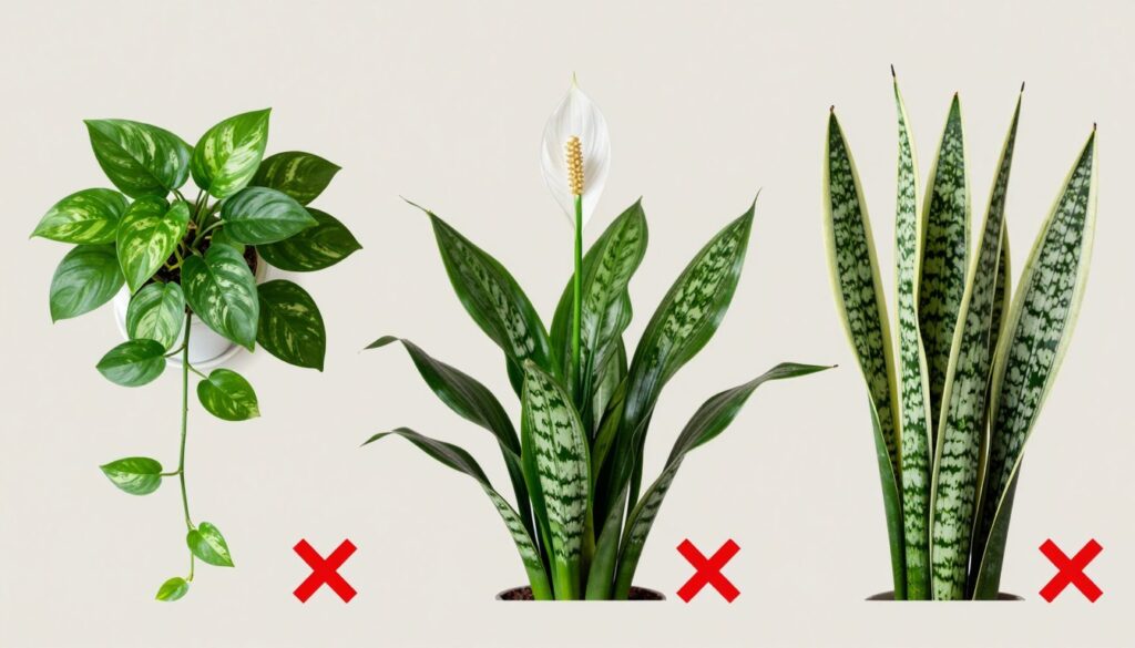Common toxic houseplants to avoid with pets - showing Pothos, Peace Lily, and Snake Plant with warning symbols