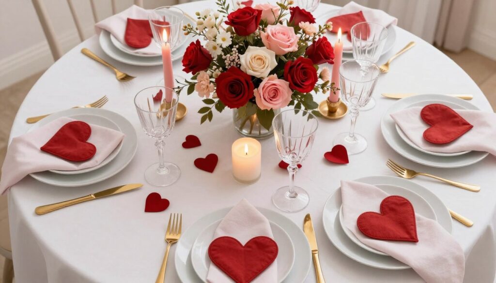 Complete Valentine's Day table setting with centerpiece, place settings, and coordinating elements