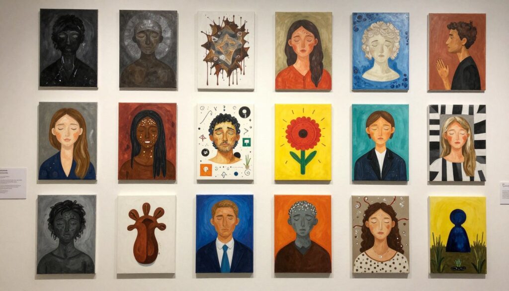 Completed art therapy pieces displayed showing emotional expression and healing through art Completed art therapy pieces displayed showing emotional expression and healing through art