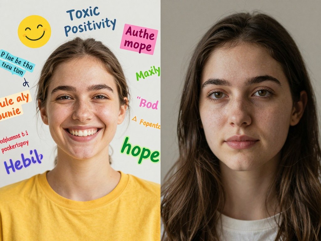 Contrast between forced smile and authentic expression, illustrating the difference between toxic positivity and staying hopeful authentically