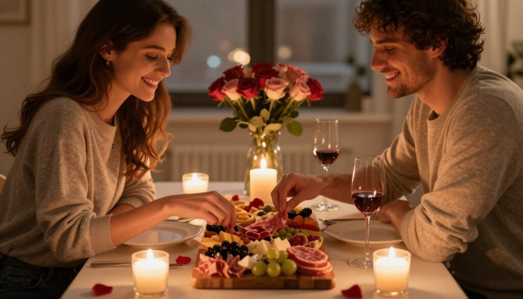 Couple enjoying Valentine's Day charcuterie board together