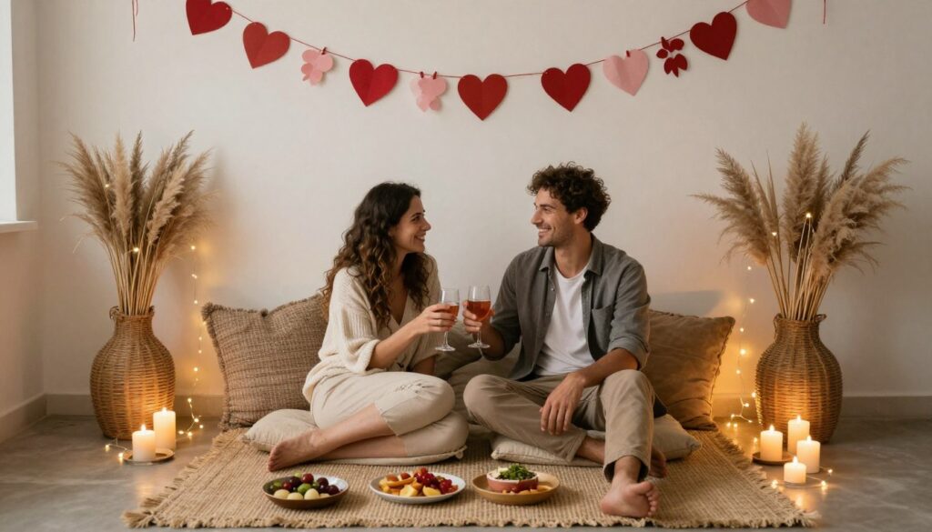 Couple enjoying their intimate boho Valentine's Day celebration surrounded by natural elements and soft lighting