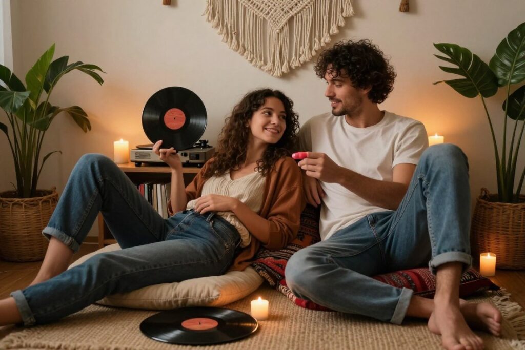 Couple listening to vinyl records during their boho Valentine's Day celebration