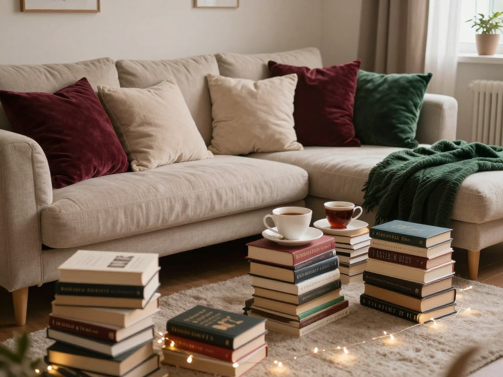 Cozy Book Club Chic Galentine's Day setup with books and comfortable seating Cozy Book Club Chic Galentine's Day setup with books and comfortable seating