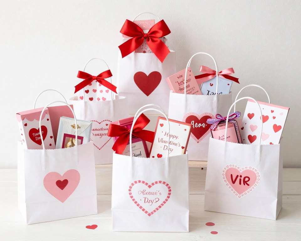 Creative Valentine's Day party favor bags with themed gifts, handmade treats, and personalized elements arranged in an attractive display